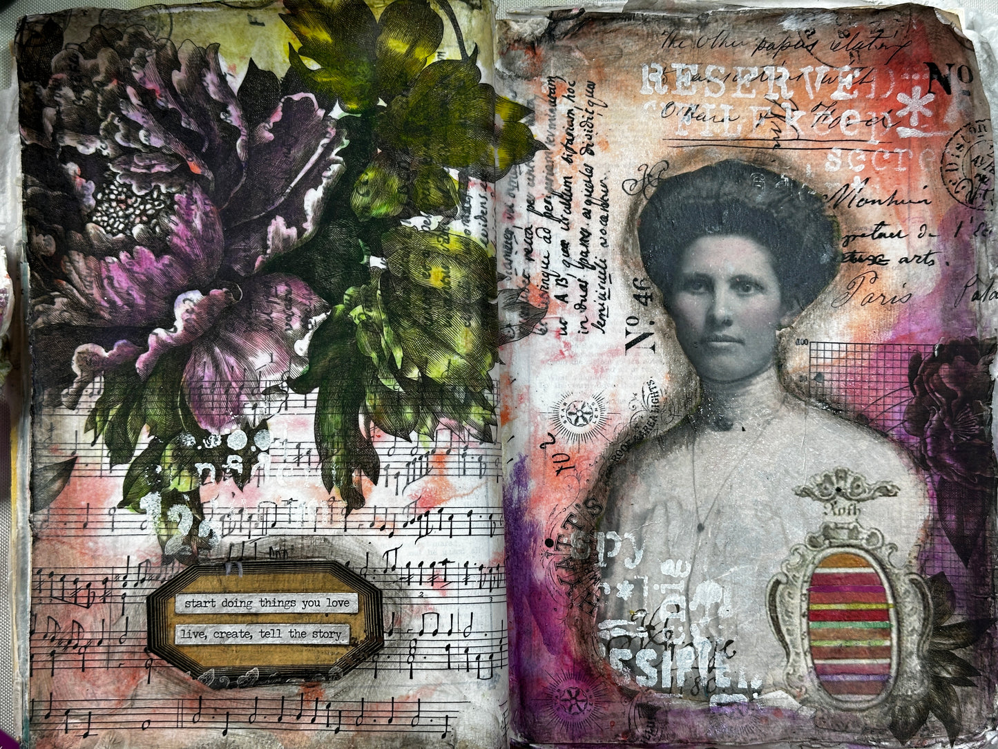 Altered Book Page Created using Roycycled Paintable Floral, Typography Love, and Photo Masterboard Decoupage Papers.