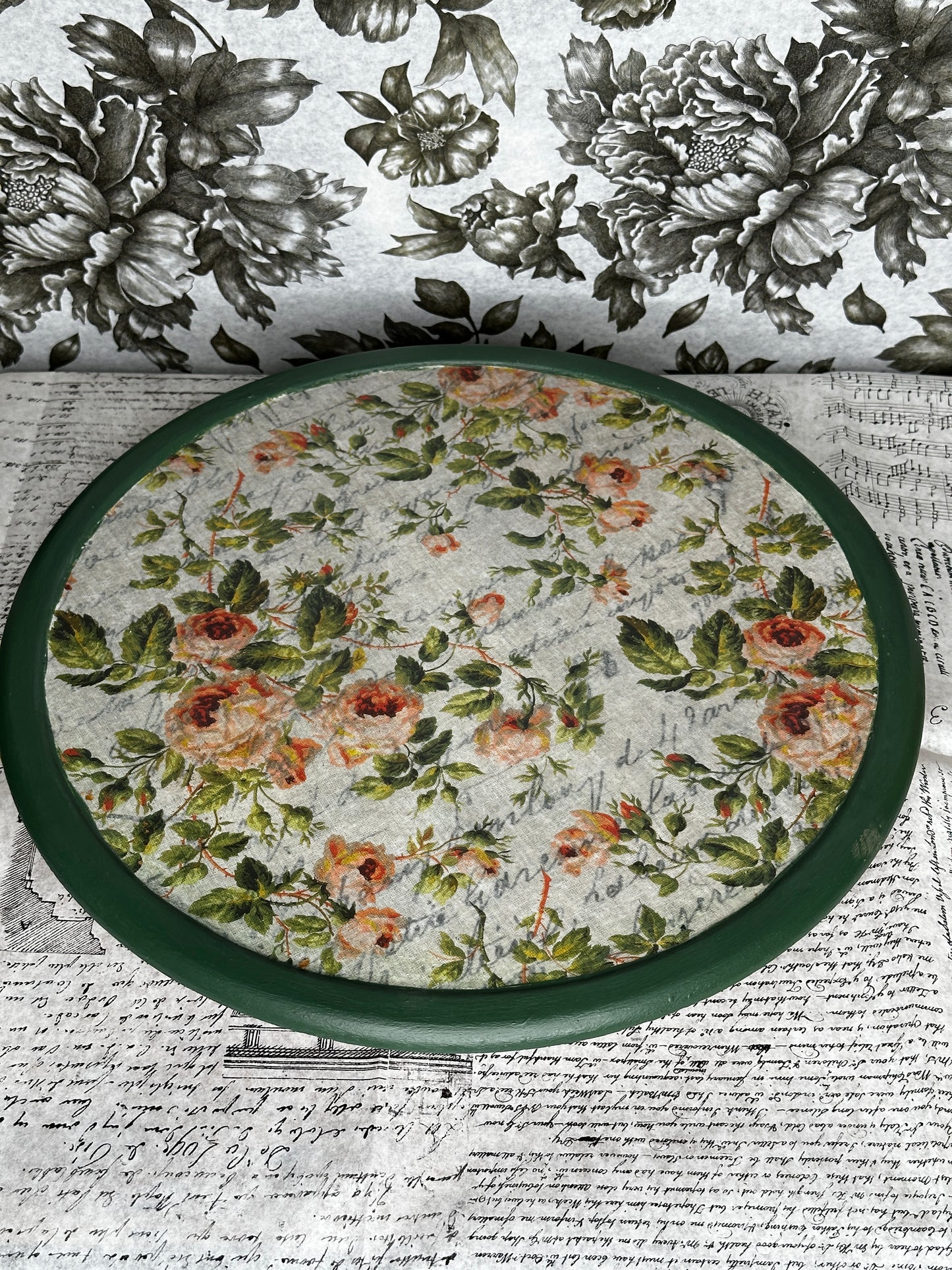 Lazy Susan decoupaged using Roycycled Burlap Roses Decoupage paper