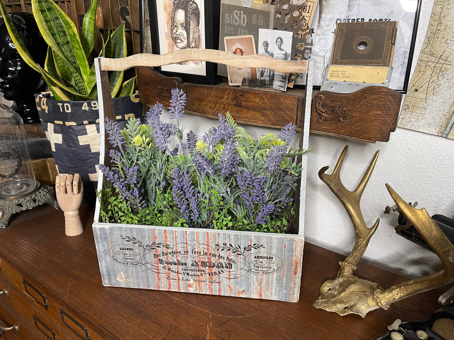 Repurposed Thrift Store Caddy Using Roycycled Corrugated Metal Decoupage Paper